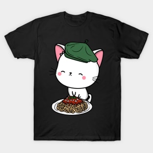 Cat eating Spaghetti - White Angora Cat T-Shirt